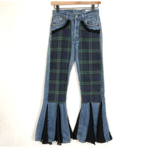 Upcycled VTG Levi 501 Jeans Sz S 29x33 (26x29) Plaid Lace Flare Boho Funky